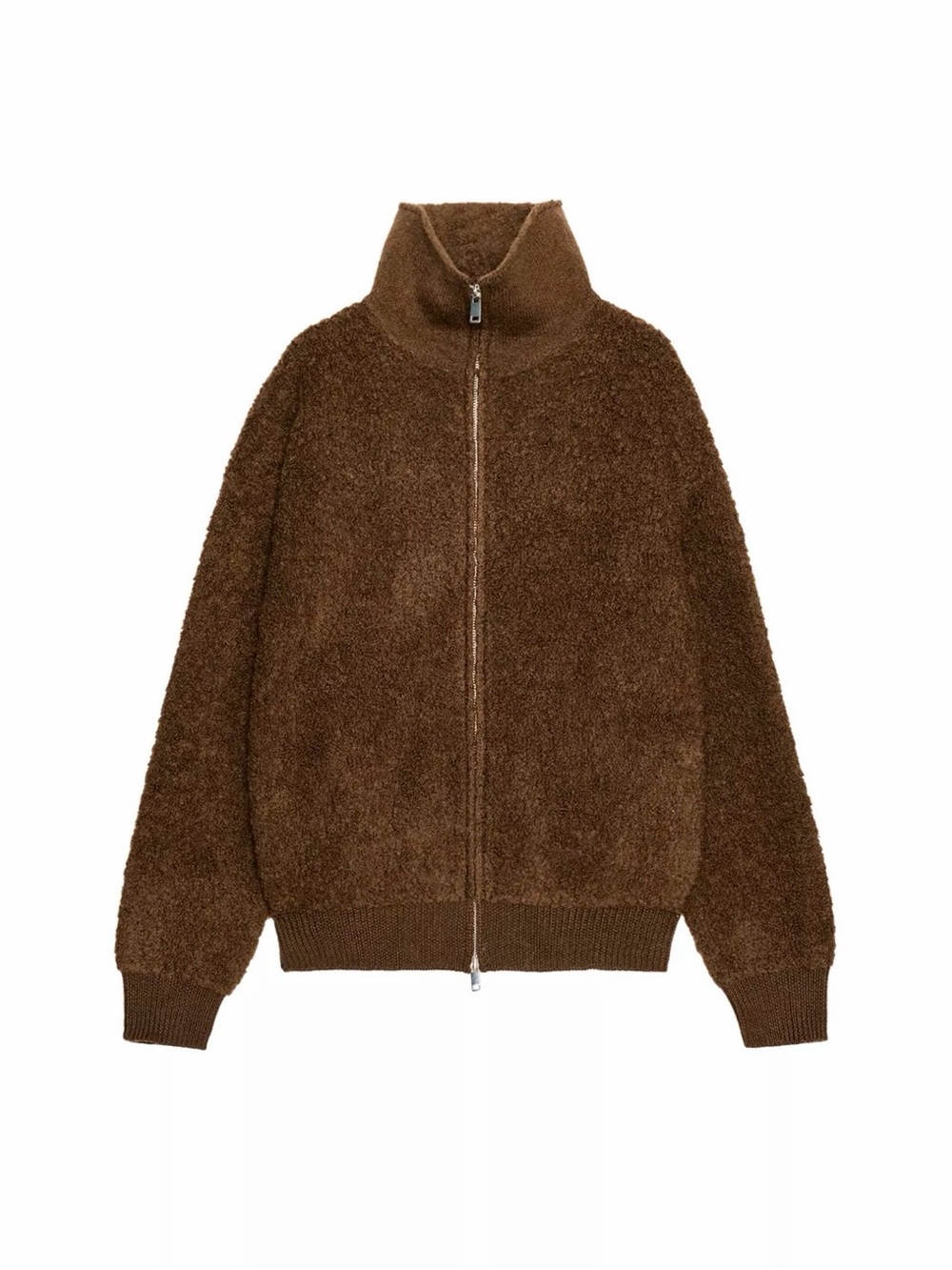 100% Boucle Wool Full-Zip Bomber Jacket Chocolate Large